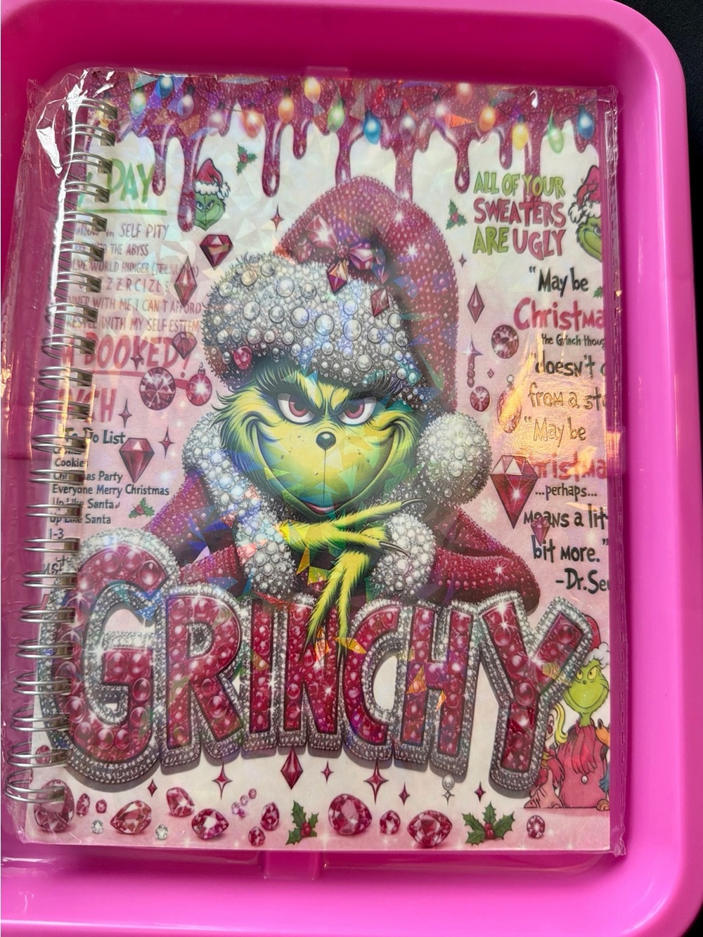 Grinchy Spiral A5 Notebook - Pink Holiday Design